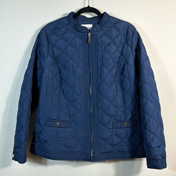 Charter Club Blue Quilted Lightweight Jacket Coat Zip Front Gold Women Large - Picture 1 of 9